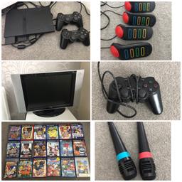 -PS2
-3x controllers
-18 games
-tv
-Buzz game and controllers
-2x microphones