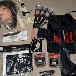 This kit will come with 2 training head and all the items shown in the picture. The training heads are real human hair (retailed around £25each). One is u touched, whereas the others hair has been cut and shorter. They are both free from dye. The brushes have been used. The training cap is unused. i have added hair bumpits (unused) hair rollers (brand new) unopened package. I have also added in synthetic hair extensions which have only been used once. 