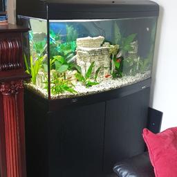 3ft Black aquastart 900 fish tank with cabinet, complete with two internal filters and heater, also comes with stones, ornaments and a few fish if wanted.