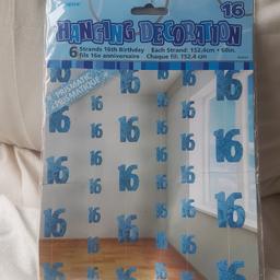 16th Birthday blue hanging decoration. Each strand 60in. 6 strands. New. Unopened.