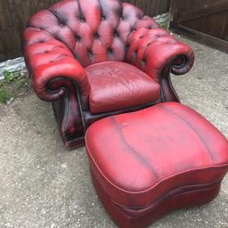 Leather chesterfield armchair . Nice and comfy armchair , leather . Comes with footstool . Has wear and tear and condition is not the best . Has has scratches small rip, . Had Repair to the arm . Needs some TLC . Footstool is a Winchester and is in better condition. Has all the buttons . Still nice looking chair . Though will need work . Hence the price . The chair would be perfect for somebody .
