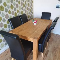 solid oak, 6ft table and 6 dining chairs. all in great condition. Table needs a sand and wax. Wax included.
on other sites.