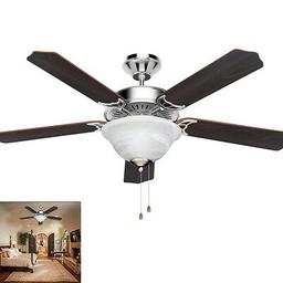 New ceiling fan light 132cm/52" pull cord,5 changeable Wooden Blades for winter & Summer. Antique design with chrome style finish. Still in box.
3 speed reversible fan. E14 60w bulb base(bulbs not included). Separate fan and light control for fan or light only or both on at same time. Ideal for any room.