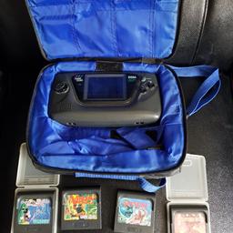 sega game gear with 4 games tested with batteries and worked has no mains adapter plus comes in case sold as seen