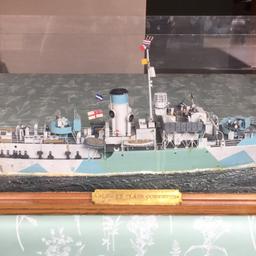 Large model of battleship Flower Class Corvette in wooden case with Perspex case, needs slight attention, model complete but a few parts need sticking back on and I am no expert. Measurements are 82” long 25” high and 11” wide. Ideal gift for a model enthusiast