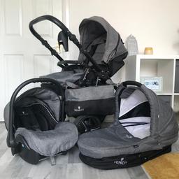 Grey denim effect Venicci travel system.
Stroller, car seat and carry cot with Cup holders, rain covers and bag
Used condition due to getting in and out of the car etc.