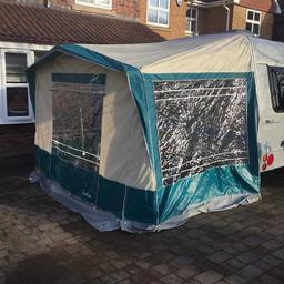 Original Harrison awning for freedom microlite in good condition steel poles and draft skirt no curtains.
One repair to pegging point and stitched on the over hang apex apron doesn't affect main body. pick up only