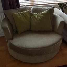 green corner sofa and swivel chair, cushions water marked and left arm of corner sofa beds a good scrub (bought in this condition without viewing) dont have time to clean it with a little 1 so forced to sell. is very large and comfortable 
price negotiable