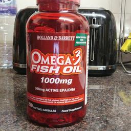 250 softgel capsules Holland&Barrett Omega 3 fish oil 1000mg NEW, never open with seal. Store on kitchen shelf with other one as I got two and just realized I got to much. £24.99 in the shop atm. Expire date MAR 2021