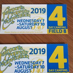 Fairports Cropredy Convention Camping Pass. 4 Days camping Wednesday 7th to Saturday 10th August Field 8.

Only 1 ticket left selling for face value £50 each.