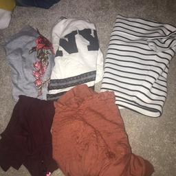 NYC top-11/12, white and black stripey top-13+, flower top-M, choker top-10-11, brown top-14+