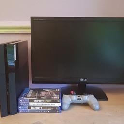 PS4 - Few marks on top but doesn't affect its use at all. Can buy a ps4 case to cover it.
500gb harddrive
All cables
22" Monitor
Controller
No games, Collection only