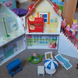multiple playsets including peppas house with bbq and paddling pool. ferris wheel, fairytale set complete with George as a knight with a horse carriage. train, cafe and toy shop, school set and numerous figures