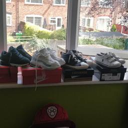navy converse boot trainers- uk 9 £10 exc con
white nike airmax 95's-uk 8.5 £10 exc con
navy/white Nike air Max 90's uk 7.5 look new except slight stitch come away at front,can send pics.£8
navy Nike airmax 95's perfect condition UK 8.5 £15
white Ralph Lauren pumps velcro- good con,can send pics,plenty of life £8 UK 7
light blue Nike air Max 95'sUK 6.5 good con except scuff on front,can send pics £5 can see pic on all trainers on.
pick up- burnage or may deliver local
pet n smoke free home.