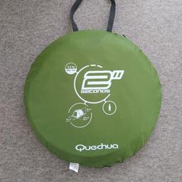 Sturdy double layer 1 Man pop up tent. Excellent condition, used once, some bent tent pegs. Great for solo festivals or discrete wild camping.

Quechua tents are laboratory tested under 200 litres/hour/sqm (200 mm/hour) for 4 hours. (2000 mm PU-coated polyester fly sheet, 120 g/sqm polyethylene groundsheet, all seams sealed using thermobonded tape). A breathable polyester inner tent under the flysheet means you aren't in contact with the condensation that forms on the inside of the flysheet.