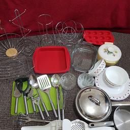 All Great Condition

Includes;
3 Fruit bowls
2 mug stands
3 Silicone Baking trays 
1 Glass oven tray
4 large serving plates
4 curry bowls
5 small glass serving bowls
9 piece kitchen utensils
1 chopping board
1 minser 
2 pots (1 with lid)
1 serving pot with lid


Collection Only