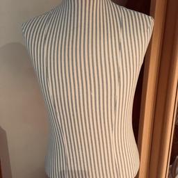 Blue and white cotton male tailors dummy,height adjustable stand, wooden base.