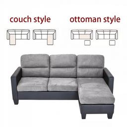 Bought for £229 online! grey/silver 2 month old sofa/settee with adjustable footstool, foot stool can be used seperate like ottoman or L shape like couch design. has black leather trims. 195cm wide (almost 2m) 75cm depth, see image fo full measurements.

Back slides off and legs/feet unscrew off for easy transformation, will fit in most normal size car with seat down
