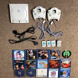 Decent sized dreamcast bundle with everything pictured inc. 2 official controllers in good condition. 3 vmu units 1 rumble pack and power and av cables. Most game cases are broke in someway but hey thats dreamcast cases for you. Sonic disc is a demo disc and not the game other than that all present.

Collection only