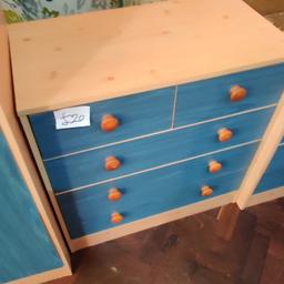 Wooden set of drawers with blue front. Drawers in great condition no problems. We also have a matching wardrobe and bedside cabinet. Pop in to view or message for more information.