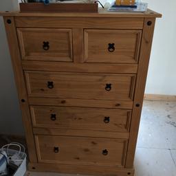 Mexican pine Corona tall boy. Great chest of drawers with nice deep drawers.   Few little marks on the top but that's it, nothing other marks or defaults.  Was £150. 2 years ago.  Hardly used as it was for grandson.  From a smoke free pet free grandparents home.  Can deliver locally for the price of fuel, with in a 20 minute  radius.   Ask for details.