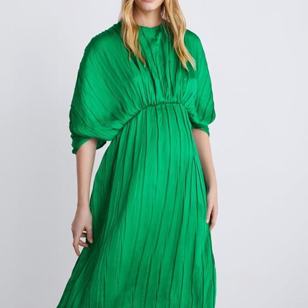 green emerald velvet dress Zara Green Chain Print Pleated Front Long Sleeve Button Mini A-Line Dr   Brie