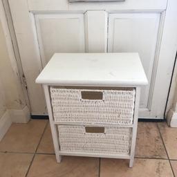 White wicker drawer unit. Measurements- H 42cm, W 36cm. A couple of marks on top/drawers of unit, but nothing too visible. Selling for £8. COLLECTION ONLY.