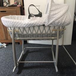 Grey Clare de lune Moses basket. Excellent condition. Only used a couple of times. John Lewis mattress included.