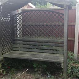 Good solid Pergola bench.
Tiny bit rot top left post. Needs cuprinol or similar painting. All trellis work intact.
Height 1.7m  2 m in centre.
Width 1.6m
Depth 75cm.

Could be dismantled by buyer for transit if needed.