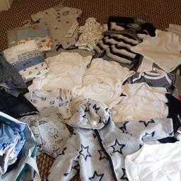 lots of baby boy clothes some are brand new with tags others may have just had tags removed...probably well over 60 items in total comes from smoke free home includes vests baby grows jeans tops all fantastic condition first to see will buy...selling as a complete bundle not 1 0r 2 items so please dont ask buyer to collect