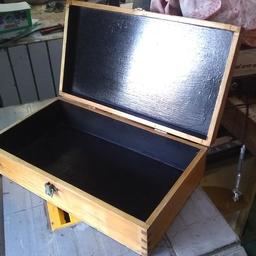 Measures 21inch by 12inch by 6inch. this box has been finished in a tough polyuratane varnish inside and out and is the perfect rustic storage box for any artist or makers. also a good size for card maker bits.