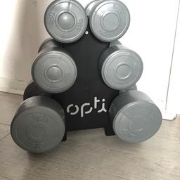 Opti dumbell tree with: 
2 x 1.1kg 
2 x 2.3kg
2 x 4.5kg