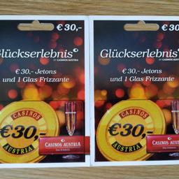 Biete 2x30€ Geschenkkarten für alle 12 Casinos von Casinos Austria zum Verkauf an.

Versand möglich; Versand trägt der Käufer

Privatverkauf keine Gewährleistung, keine Rücknahme.
