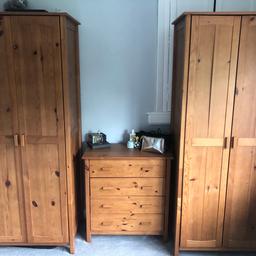 2 x Double wardrobes and 1 chest of 4 Drawers 

Wardrobes are 71cm Wide , 180cm High and 50cm deep 

Drawers are 72cm wide, 78cm High and 39cm deep.

All items in very good condition. 
Buyer to collect and items will be partially dismantled on collection.

£60 or nearest sensible offer, Absolute bargain!