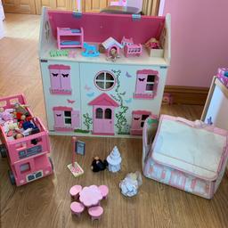 Doll house from Asda...roof is broke as in pic but should be able to be fixed and doesn’t affect play.
Bus and furniture all from ELC.