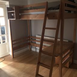 Pine bed with desk underneath & shelf that can be moved, really good condition, originally from John Lewis, includes mattress if you’d like it