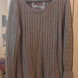 Only worn once Superdry jumper. Quite thin but still really warm when needed. Probably fits about a size 16, maybe an 18, not 100% sure. But the label says large.