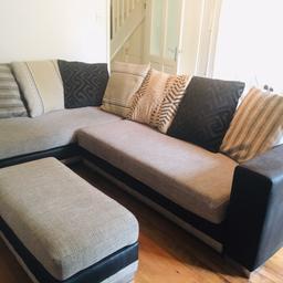 Dfs corner sofa plus matching chair and footstool. In good condition apart from one seating cushion zip has broken. Can easily be replaced. Does not affect use nor can be seen. Can deliver locally for fuel cost