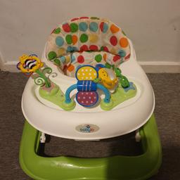 in used condition.

seat is machine washable- does need a wash just got it out of the loft.

removable toys.

comes in original box.