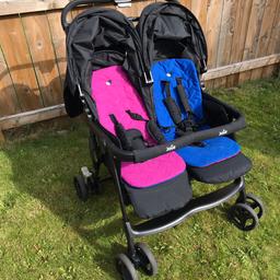 Joie Aire twin double pushchair/buggy

Very good used condition - usual scratches/wear and tear from getting pram in and out of car etc. Both seats recline back. Folds flat. Large basket underneath pram. Pram fits through most shop/front doors.

Comes with raincover and two pink/blue reversible liners.

Only selling as kids have grown out of it.

Collection only.