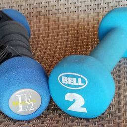 1.5 lb blue soft ends, black cushioned hand grips with adjustable velcro straps.
In excellent condition.
Made by Go Walking.
Asking $2.00

2 lb solid blue neoprene.
In excellent condition.
Made by Bell
Asking $5.00

Will sell separately or together. Located in Pataskala (central), Ohio. Buyer pays for shipping if needed. Please let me know if you need any additional info or pics.
(Cross posted)