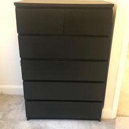 Dark brown/black Ikea MALM drawers. 
Used condition. Bottom drawer is bowed as shown in picture. Minor scuffs but in good working condition. 
W 80cm
D 48cm
H 123cm
Collection only