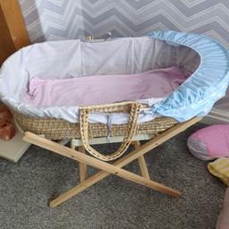 Moses basket and stand for sale. basket comes with mattress and a blue removable hood.
Slight bit of wear on one of the basket handles but in great condition.
smoke free, pet free home 

Collection Only. Litherland, Liverpool.