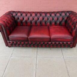 Chesterfield red leather sofa and chair. 
Both to be sold together. 
General wear and tear on items.
support band on chair needs tacking back on but other than that no issues. 
Selling on behalf of family member. 
Welcome to come view