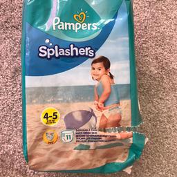 Pampers Splashers Size 4-5.  Disposable Swim Pants. 
Oppend pack,only 2 nappies have been used and 9 nappies left in the pack. £3
Collection only from w5