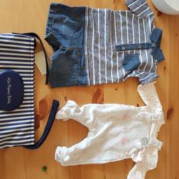 Jojo Maman Bebe buggy bag. 

1 boys outfit - 3-6 months - with tags
1 girls outfit - tiny baby - with tags