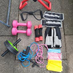 home exercises, pink weights 1.5, small hand weights 1.25, 2 skipping ropes, roll wheel, 2 different wrist/ankle weights, 3 different resistance belts and bend resistance 
selling due to having a clear out as moving