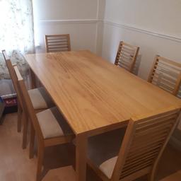 150cm L x 80cm W x 75cm height, has a pen mark from the kids about 8cm long (rarely noticable)
4 chairs, and seats need better seat covers hence the price. £20 collection only. Thank you