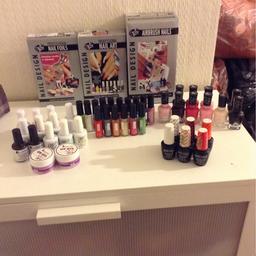 I used to do nails but gave it up because of health problems I am open to offers for the whole lot there is Rio nail foils which has not been used or opened also Rio nail art which has not been opened and Rio airbrush nails also has not been opened all Sally Hanson gel polishes never been opened requires no light 6 bottles of O.P. I gelcolour soak off gel polishes 2 tubs of UV clear gels still sealed unused most of the Fraulein nail polishes are full a few have been used polish is for nail art