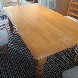 Beautiful and SOLID oak table with 4 upholster chairs.

Dimensions are:-
71 inch length x 39in width

This table does have marks see pictures, however it is still robust and has many more years.

Excellent as a shabby chic project/ upcycle.

Will be dismantled for easier transport.

THIS TABLE Is in Leicester LE5 postcode.